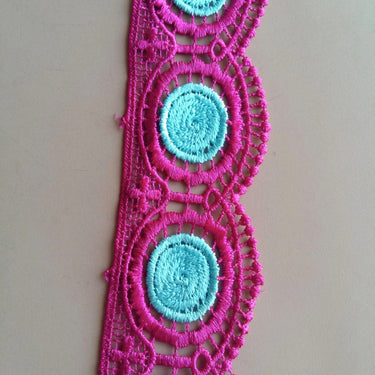 Fuchsia Pink And Blue Embroidery Crochet (Cotton) Lace Trim 55mm Wide